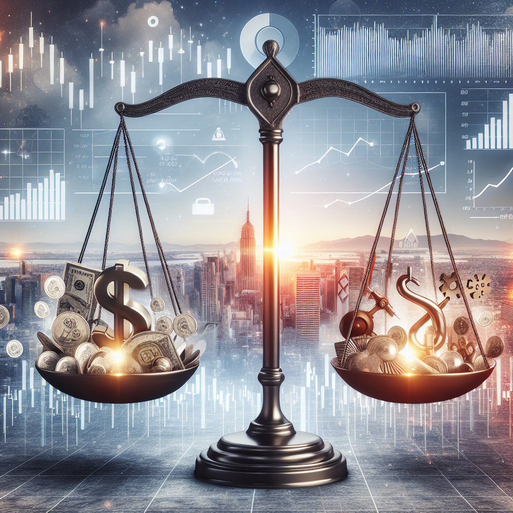 A symbolic representation of an optimistic outlook on the Federal Reserve's interest rate decisions and their economic impact. Depict a large scale with one side weighing down with the symbols of dollars and coins to represent the interest rate, and the other side levitating with various economic indicators such as stock market graphs, a house symbol for real estate, and machinery for manufacturing. In the background, illustrate a sunrise over a thriving city skyline to symbolize an optimistic economic outlook.