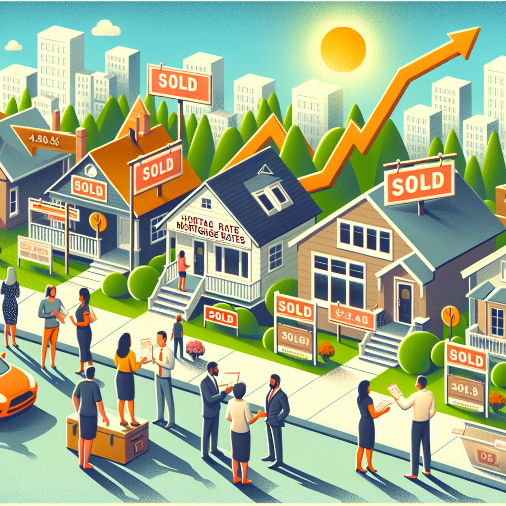A detailed depiction of an active housing market scene as mortgage rates surge. Illustrate a neighborhood with numerous sold signs on the front yards of diverse styles of houses. Include people of different descents and genders discussing with professionals, perhaps real estate agents, about future investments. Show a stock exchange chart rising, indicating the higher mortgage rates. Weather should be clear and sunny to symbolize a vibrant market. Maintain a brighter color palette to capture the optimistic yet challenging nature of the situation.