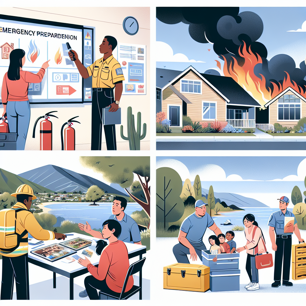 Visualize a scene showing emergency preparedness for a wildfire. Picture a diverse group of people in the midst of a training exercise. Include an Asian woman leading a safety demonstration with a fire extinguisher in a residential setting, an African man pointing towards an evacuation plan marked on a board, a Latina checking items in an emergency kit, and a Caucasian man securely transferring family photographs into a fireproof box. Also, highlight a serene nature landscape in the background turning into a wildfire scene indicating the urgency of the situation.