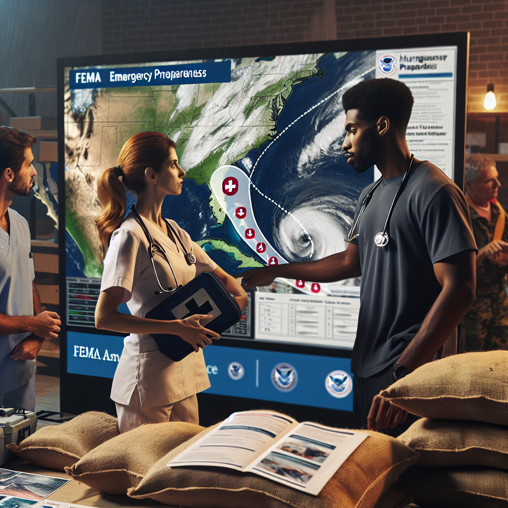 A scene showing three individuals planning for the hurricane season. A Caucasian nurse, distributing First Aid kits. A black meteorologist, closely monitoring a weather system on a digital storm tracking map, pointing out potential hurricane paths. A South Asian emergency worker, stacking sandbags. Educational posters and brochures on hurricane preparedness are visible on a table in the foreground with the title 'FEMA Emergency Preparedness Updates'. The atmosphere is serious, focused, yet calm - everyone is working together to ensure they are ready for the upcoming storm season.