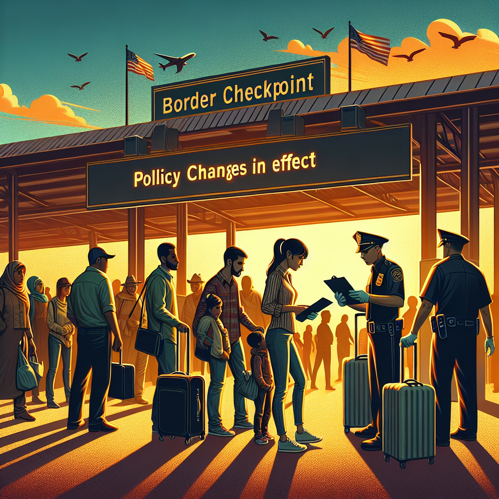 Create an image of a border checkpoint as the sun is setting. The checkpoint is manned by diverse agents; a Hispanic female and a Caucasian male. They are inspecting luggage and checking documents of travelers. Display an informational sign nearby with the text 'Policy Changes In Effect' in bold lettering. Among the travelers waiting for their turn, include a Middle-Eastern family, a South Asian gentleman and a Black woman. Do not depict any violence, distress, or confrontation; instead, show everyone as calm and cooperative. The image should convey the professional seriousness of the location while maintaining a respectful atmosphere.