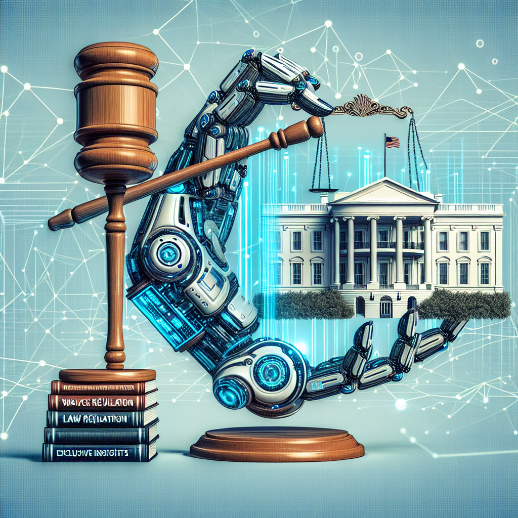 A visually symbolic representation of artificial intelligence regulation policy. An image depicting a large, futuristic robot hand holding a gavel, signifying law and regulation, standing next to a traditionally designed building symbolizing the White House. Include a balance scale in the robot's other hand, symbolizing weighing decisions. On the side, generate a stack of books labeled with 'Exclusive Insights'. All elements should be embedded in an abstract network of digitally created, interconnected nodes and lines, representing the AI network.