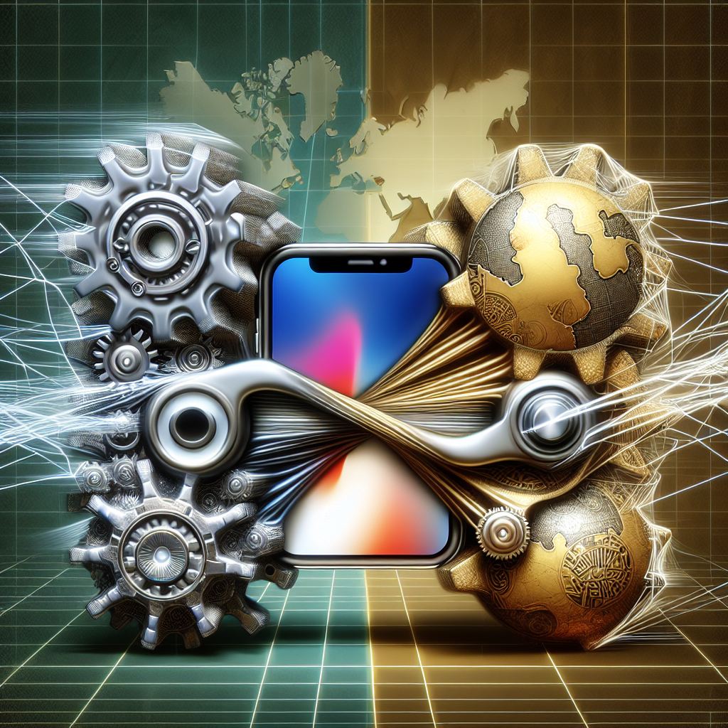 Depiction of abstract tension, represented by two large gears intertwining and grinding against each other. One gear is silver with stylized, technological designs, representing advanced tech industries, while the other is golden with traditional Chinese motifs. Between them, an app icon is being squeezed, visibly distorting, symbolizing the pressure caused by the tech tension. The background should reflect a global map, marking the international implications. Add an overlay of invisible digital lines, threads connecting different parts of the gears and the app, to show the interconnectedness of tech ecosystems.
