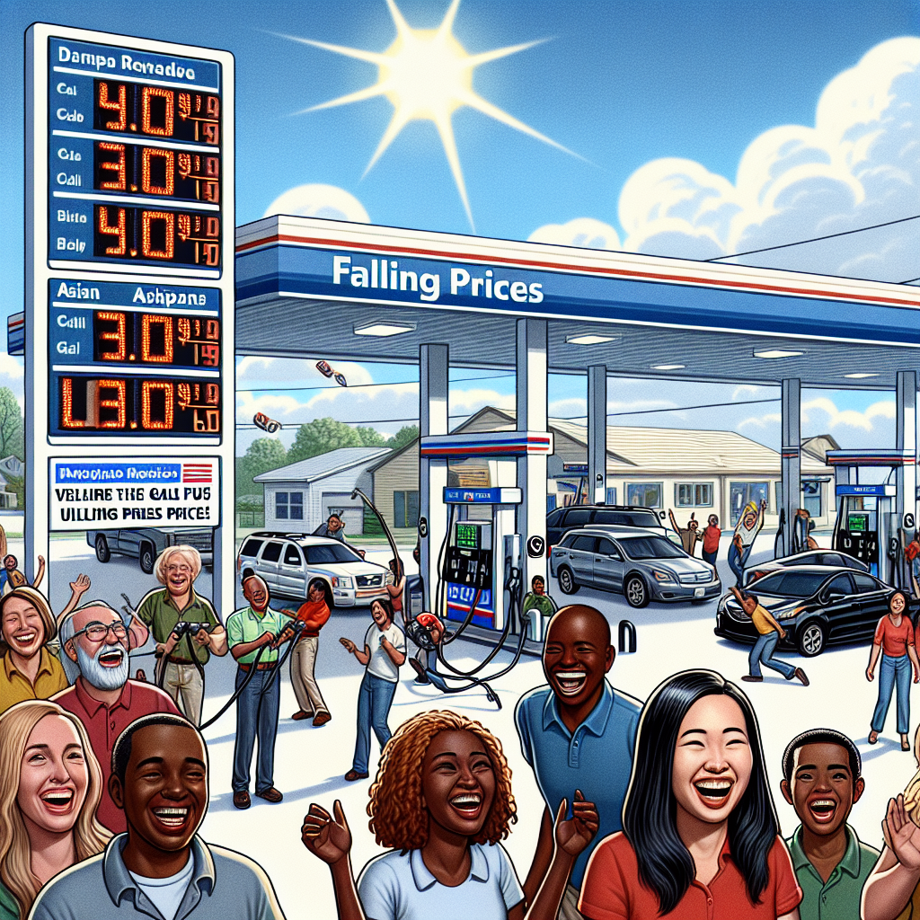 Illustrate a scene of relief and rejoicing at a suburban American gas station where drivers, with a diverse mix of Caucasian, Black, Asian and Hispanic individuals of various genders, observe the falling prices on the gas station signboard. Include in the backdrop a bright blue sky with a sun shining, as a symbol of the positive shift in energy policy. Please depict happy customers at the service station, some pumping gas into their vehicles, some engaging in friendly conversations. Also, incorporate visible displays of the dramatically reduced gas prices to highlight the plummeting rates.