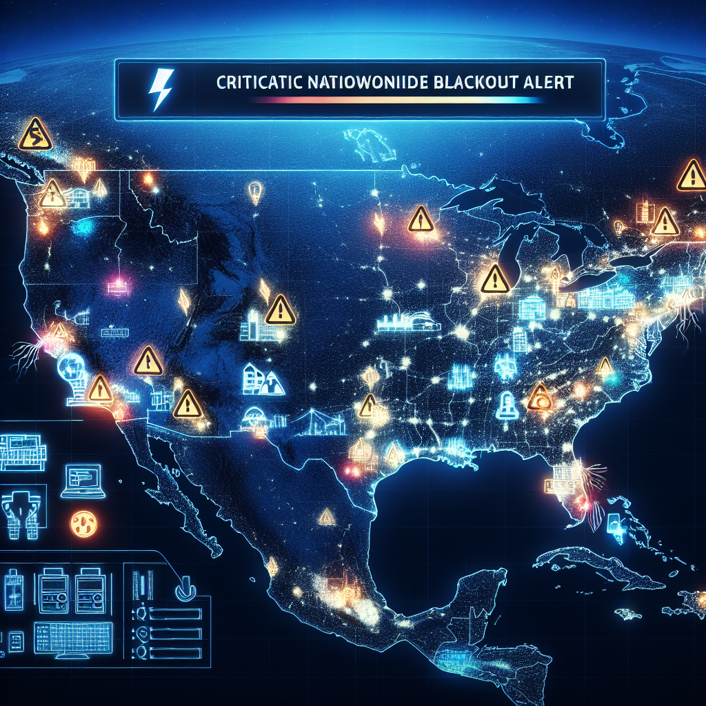 Visualize a scenario illustrating the urgency of power grid failure risks. Show a detailed map of a diverse and large country at night signifying a nationwide blackout. The outlines of the country are faintly visible due to the absence of the usual bright city lights. Include cautionary symbols like hazard signs or thunderbolts on major city locations indicating electrical outages. On the top corner, fashion a breaking news alert banner with the words 'Critical Nationwide Blackout Alert', capturing the seriousness of the situation and the imminent danger.