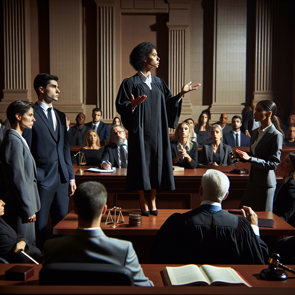 Visualize a dramatic scene in an American courtroom. Show an intensity-filled setting with every participant contributing to the gravitas of the moment. In the foreground, an astute, Black, female judge presides over the proceedings. She is wearing a traditional black robe signifying authority and impartiality. In the scene include a Caucasian male prosecutor presenting his case passionately, and a Hispanic female defence attorney articulating her counter-arguments with equal fervor. The jury box is occupied by a diverse group of people: men and women of Caucasian, Middle-Eastern, Black, South Asian descents listening attentively to every word spoken. No particular incident or person needs to be focused on -- the aim is to depict a scene portraying the energy and suspense of a criminal trial.