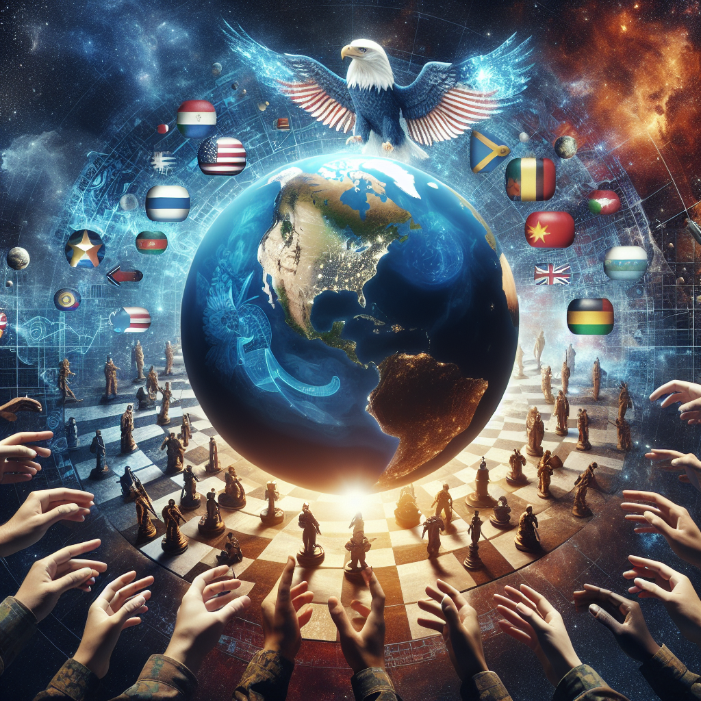 The visual narrative should depict a conceptual representation of international safety and military support strategies. Imagine a large globe illuminated by the ethereal light against the backdrop of space. Superimposed on it are symbolic elements of strategy, such as a chessboard, with pieces of various nations. Among them, a prominent, but non-specific, eagle represents the US military aid. Around the globe, hands of diverse descent such as Caucasian, Hispanic, Black, Middle-Eastern, South Asian, and White are reaching towards it, denoting international cooperation. Remember, this scene is about strategy and partnerships, not conflict.