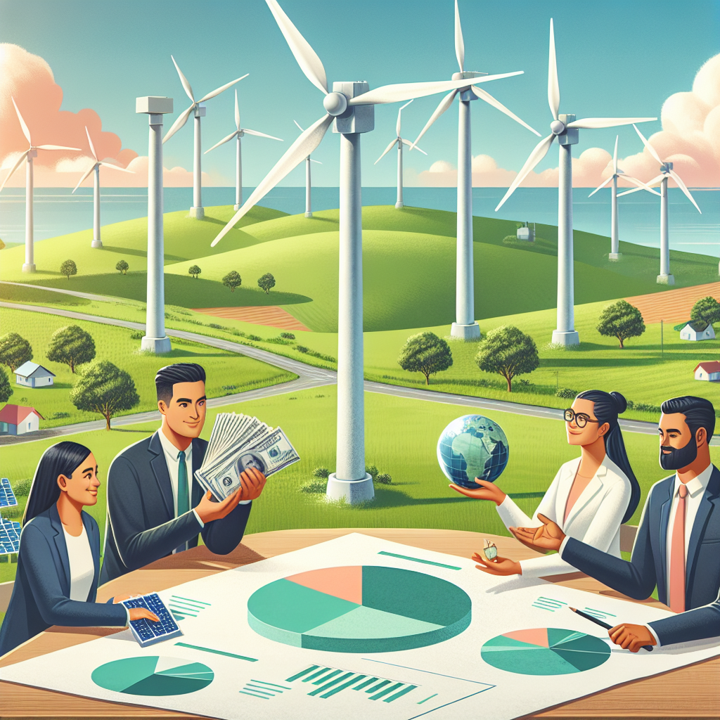 An image of a large wind turbine farm on a green hill, against a backdrop of a clear sunny sky. In the foreground, a group of diverse individuals: a female South Asian banker holding a bundle of money, a Caucasian male environmental scientist holding a small solar panel, and a Hispanic female legislator holding the Climate Change Legislation document. They are having a constructive discussion, with a roadmap and some pie charts illustrating different clean energy strategies laid out on a table in front of them.