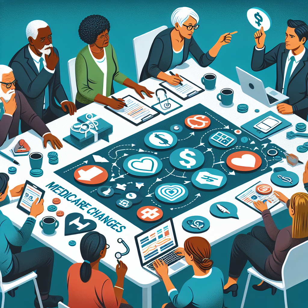 A detailed and informative scene of a diverse group of individuals engaging in a discussion over a complex diagram of Medicare changes. Include older Black man pointing at the diagram, a middle-aged Caucasian woman taking notes, a young Hispanic male browsing information on laptop, and a South Asian woman presenting data on a projector. Show various medical and financial icons like stethoscope, heart symbol, and dollar sign on the diagram. Make sure the atmosphere in the image conveys a sense of searching for affordable healthcare solutions.
