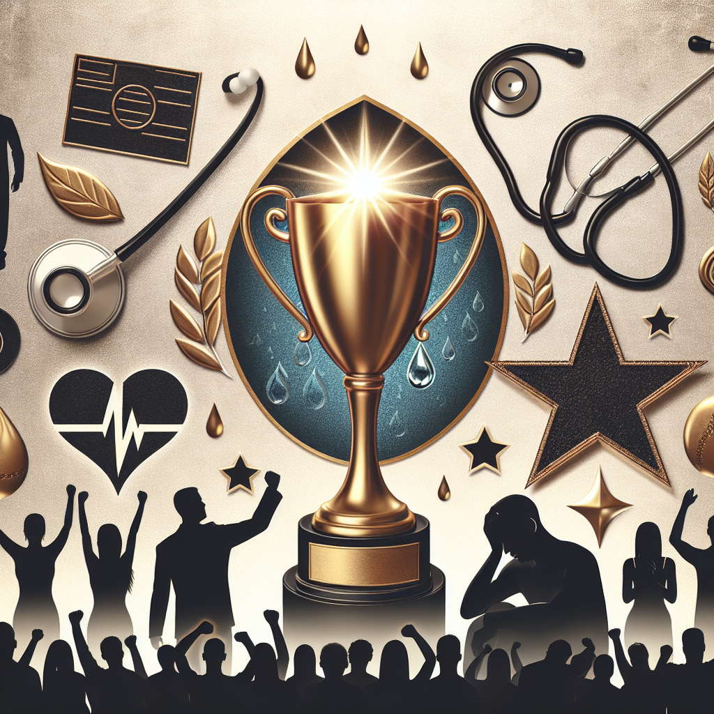 A montage of symbolic images about wellness achievements and heartbreaking events. Include visuals of a golden trophy symbolizing milestones and accomplishments, and a teardrop to signify tragic events. Add an illustration of a stethoscope to represent the health context, and a generic celebrity star to embody fame without tying to a specific person. Also, integrate into the background silhouettes of anonymous people cheering in joy and others mourning in sorrow to convey a range of emotions.