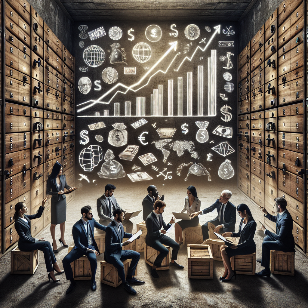 A cavernous vault filled with wooden crates labelled with various world currencies. In the center, a group of intelligent-looking individuals from diverse descents such as South Asian, Caucasian, Black, and Hispanic. Both men and women are engrossed in intense discussion, pointing at charts depicting inflation trends. They are engrossed in a strategic decision-making. Profound, metaphorical illustrations hover in the air above their heads, symbolizing the concept of inflation, economics, and decision-making.