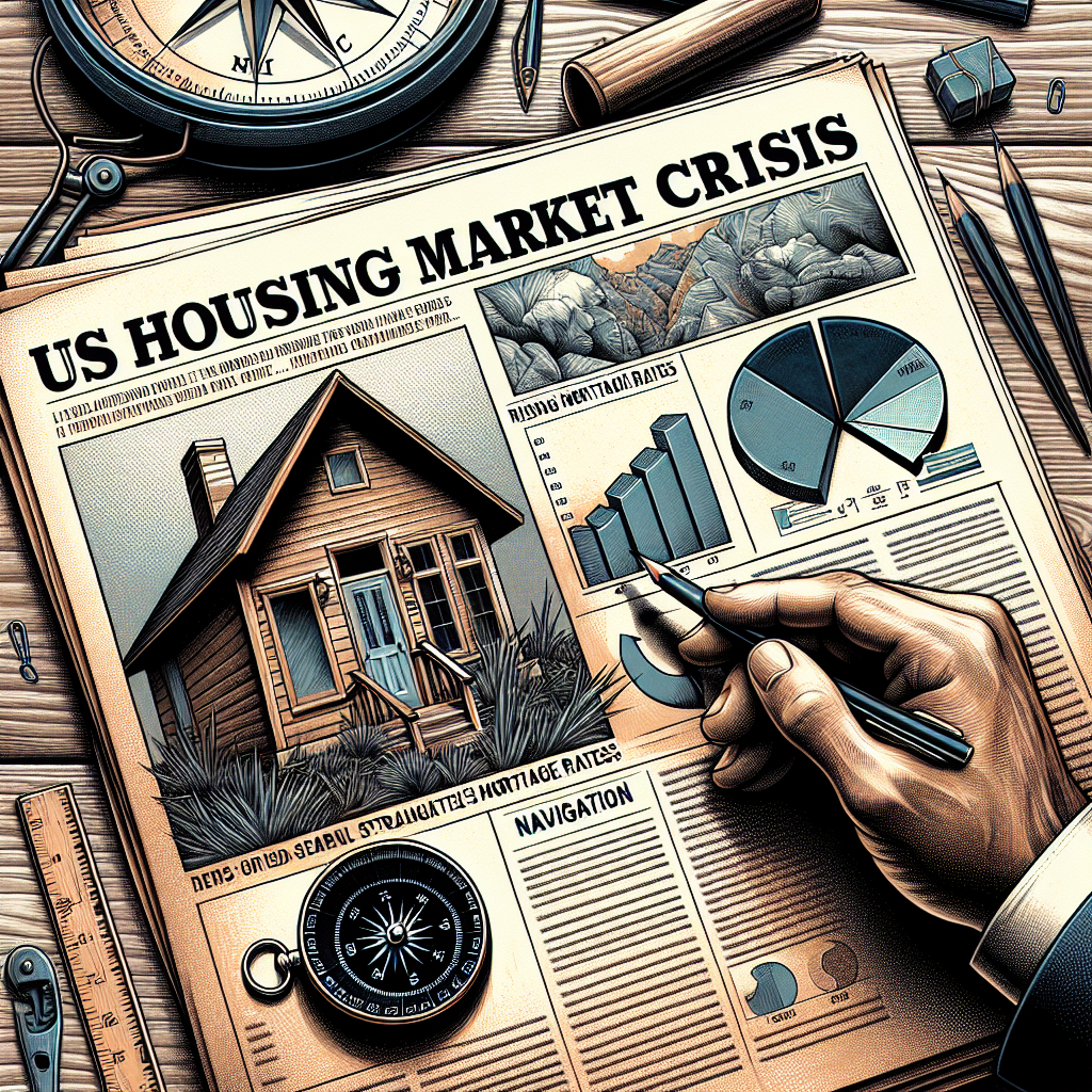 A detailed illustration of an open newspaper with a bold headline that states 'US Housing Market Crisis'. On one side of the newspaper, depict a handcrafted pie chart showing rising mortgage rates. On the other side, depict a compass rose, symbolizing navigation. In the foreground of the image, show an individual (Middle-Eastern descent, male) studying the newspaper, with tools typical for strategizing like a pencil, ruler, and calculator neatly arranged on the desk near him. Ensure the vibe of the image is serious yet hopeful, representing challenges and solutions.