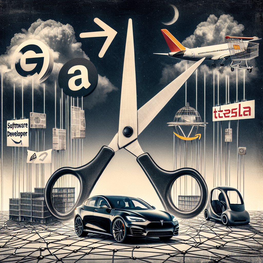 A digital collage portraying the tech industry's changing landscape. The image features symbolic representations of four major tech companies: a search bar for Google, a shopping cart for Amazon, a simple VR headset for Meta, and an electric vehicle for Tesla. Looming ominously over these symbols, a giant pair of scissors snips at a web of interconnected lines, symbolizing job cuts. Scattered throughout the scene are job titles like 'Software Developer' and 'Data Analyst' quickly fading away. The atmosphere is somber, underlining the seriousness of the layoffs.