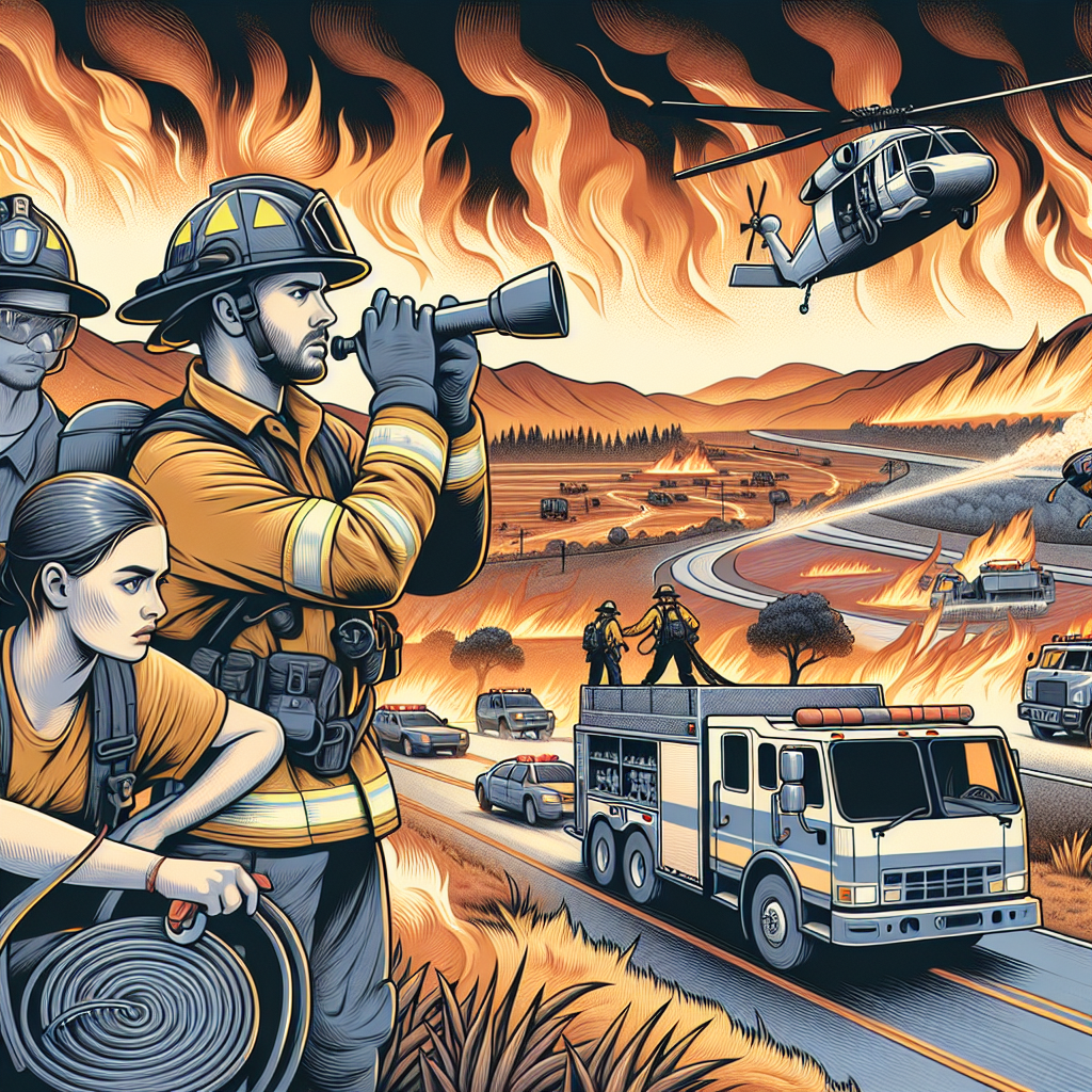 Illustration showing a wildfire emergency response scene during an extreme heatwave. Draw a fast-paced operation with a team of diverse firefighters. There's a Caucasian woman operating a fire hose with determination, a Middle-Eastern man coordinating the team over a radio, and a South Asian woman navigating a fire truck through the smoky terrain. Highlight the intensity of the landscape, with a dry, scorched earth against blazing orange and red flames. A view of a strategically positioned helicopter is seen in the sky, ready to unleash a deluge of water onto the fire. This image represents the tireless effort and bravery of these heroes battling the elements.