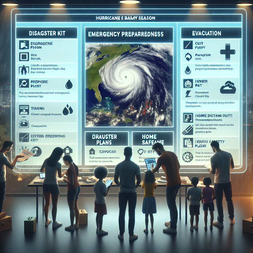 Visualize a scene where people are checking updates for emergency preparedness on a digital interface amidst a raging hurricane balmy season. The screen displays a detailed hurricane forecast along with a checklist for emergency readiness. It contains sections like disaster kit preparation, evacuation plans, home safety measures, etc. People of various descents, including a Hispanic man, Caucasian woman, and South Asian child, anxiously but diligently cross-check the advice with their own preparations. The room where they're huddled has a subtle anxious vibe, highlighted by dimmed lights amidst the looming storm outside.