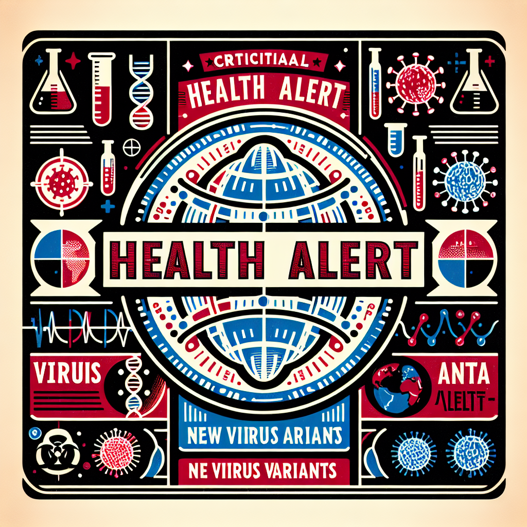 A detailed illustration of a health alert announcement, with bold text announcing 'Crucial Health Alert on New Virus Variants'. The announcement is decorated with iconography associated with science, such as beakers, viruses, and DNA strands. An outline of a globe subtly faded in the background presents a sense of global urgency. The colors used should be red and blue, typically associated with alerts and health organizations. The designs should be non-identifiable and generic to ensure no copyrighted material is infringed.
