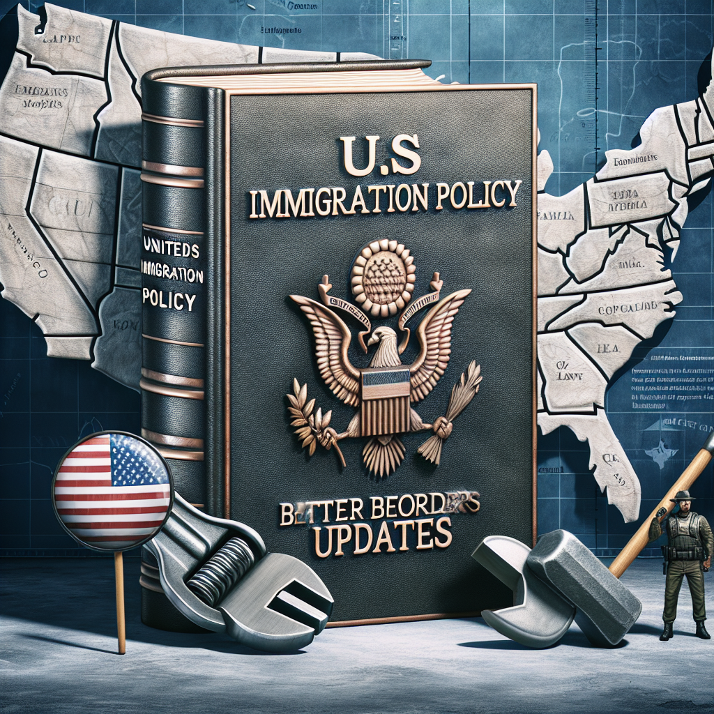 A conceptual image representing United States immigration policy updates. Capture this broad concept with visuals of important related symbols such as a giant book symbolizing law and regulations with the title 'US Immigration Policy' etched onto it. Also, include a symbol for enhancements like a wrench and shield indicating better border security. Set these symbols against the backdrop of a map of the United States with marked borders. The background should have a serious tone, perhaps with colors of blue and grey. Note that the scene should be symbolic, not pictorial, and devoid of specific individuals or identifiable groups.
