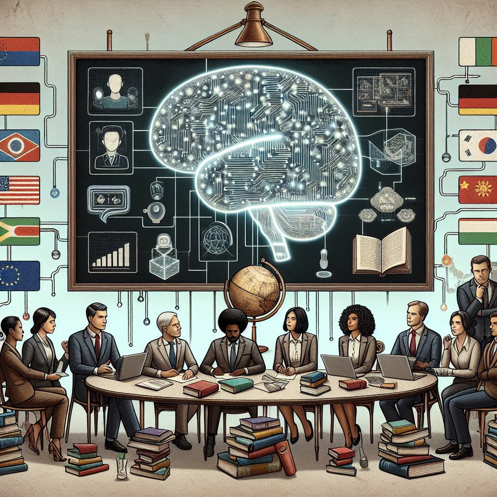 Illustrate a conceptual representation of artificial intelligence regulation. Show a diverse mix of individuals brainstorming around a table filled with books, documents and a vintage globe. Include different national flags to symbolize international cooperation. There's a large chalkboard outlining six policy strategies. The group comprises of a Hispanic man, a Black woman, a Caucasian man and a South Asian woman who represent policy makers, researchers and tech experts. For artificial intelligence, depict a classic 'brain-like' diagram glowing with circuits. Use the aesthetics of 19th century classical art for a sophisticated feel.