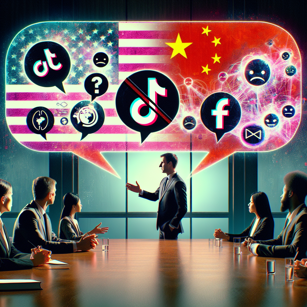 An intense office boardroom setting where tech executives are discussing. Whoever speaks does so with a large speech bubble depicting different icons. One person, a Caucasian male, speaks to an idea represented as a TikTok logo, and a 'prohibition' symbol overlay is added to it. Another person, a Black female, gestures towards a speech bubble filled with US and China flags entwined, denoting technological tensions between countries. The title 'TikTok Ban Debate' is neatly emblazoned across the top of the scene in a powerful, eye-catching font style.