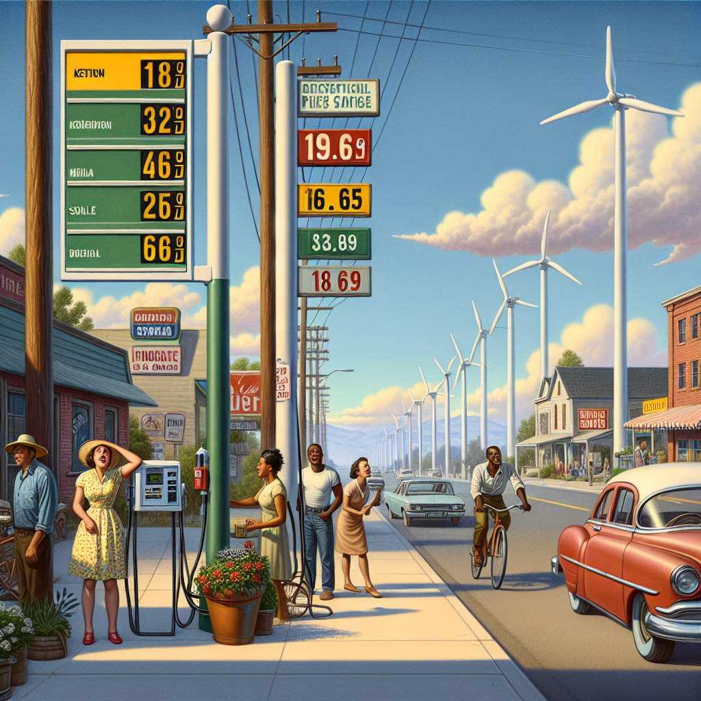 Imagine the scene on a typical American street, late afternoon under a clear blue sky. An old-fashioned gas station sign is prominently displayed, showing noticeably low prices. Critical details like the price digits are dropping, symbolizing the plummeting rates. The people on the street - a Middle-Eastern woman filling up her car, a Black man on a bicycle glancing at the board, and a South-Asian pedestrian looking pleasantly surprised - exhibit reactions implying the sudden change in prices. Not far from the station, rows of wind turbines and solar panels represent a shifting energy policy.