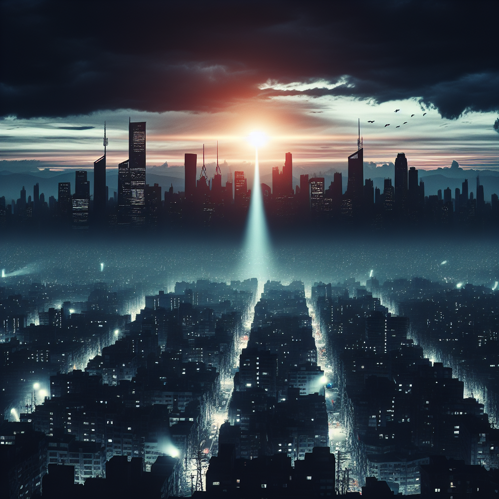 Picture a vast and panoramic view of a city in the twilight hours, just as the sun is setting. The eerie sight of fraught buildings in an immense silhouette is prominent. The city's usually bustling streets are shrouded in darkness as the normally luminous traffic signals and street lamps stand powerlessly. Residents appear on their balconies, holding torches or cellphones for a minimal source of light. The gloomy sky above is pierced with the beam of a flashlight emanating from a watchtower. Displaying in bold letters in the foreground is the chilling headline: 'Power Grid Failure: Critical Nationwide Blackout Warning'.