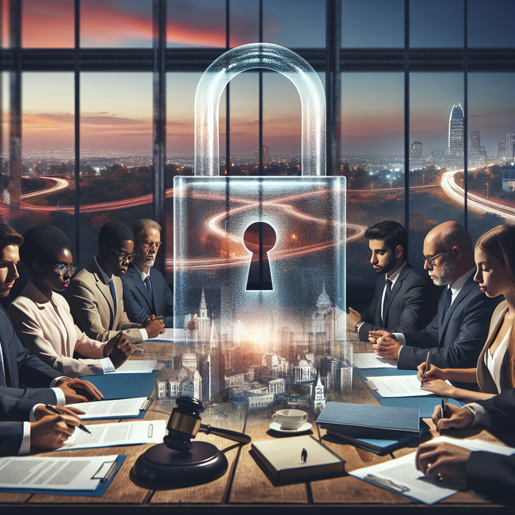 A powerful image capturing the essence of promoting safer communities through effective legislation. In the foreground, a set of diverse governmental representatives from different descents - Caucasian, Hispanic, Black, Middle-Eastern, and South Asian - sit around a table, working together on drafting a legislation. On the table, there are papers, pens, and a gavel, symbolizing the process of law-making. Behind them, a translucent, symbolic padlock is superimposed, representing safety and security. The background displays a serene urban landscape during sunset to highlight a peaceful community. The overall mood is of professionalism, cooperation, and a shared vision.