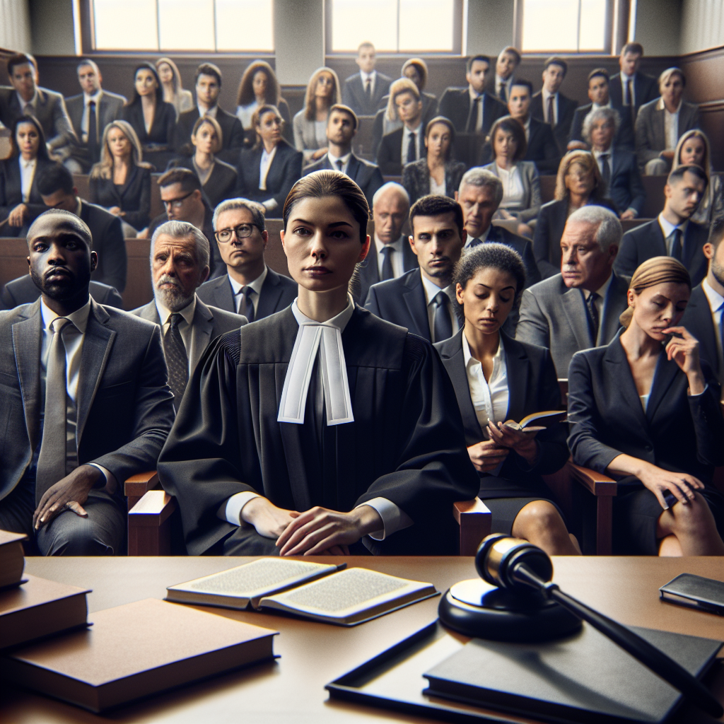 Visualize a scene of a packed courtroom in a high-profile criminal trial. Capture the intensity and emotion of the atmosphere with diverse attendees: a serious female judge wearing her official robes sitting on the bench, a confident Black defense attorney in a crisp suit, and a worried Hispanic prosecutor. Also include the image of a jury of various descents pondering over the evidences. The room is filled with tension as everybody waits for the verdict. Remember to include details like the law books, the gavel, and the witness stand.