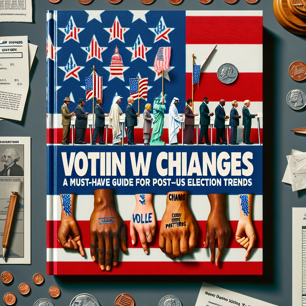 An informative guidebook titled 'Voting Law Changes: Must-Have Guide for Post-US Election Trends'. The cover showcases a balanced set of imagery embossed by classic American symbols. On one side, individuals of various descents such as Caucasian, Black, Hispanic, Middle-Eastern and South Asian, are peacefully lined up at a polling station projecting an aura of unity and diversity. On the other side, iconic imagery of inked thumbs, ballot boxes, legal documents, and change symbol graphics. Strewn around are graphs and charts subtly revealing voting disparities and new patterns.