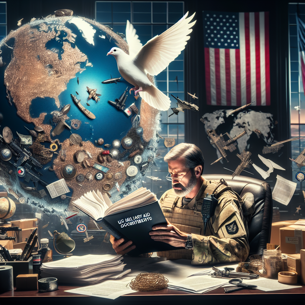 Depict a scene that represents the theme of global security commitments. In the foreground, show an American military ethicist, presumably white male, vigorously engrossed in reading a thick document labelled 'US Military Aid Decisions', with a globe in the background symbolizing global impact. The room around him is filled with diverse representations of military aid, such as supplies, materiel, and humanitarian goods. Include symbolic imagery of military defense, such as shields, and peace, such as dove. The atmosphere is serious, emphasizing the gravity of such decisions.