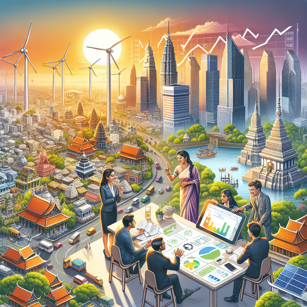 A detailed illustration of a thriving city powered by clean energy. The city is filled with a mixture of modern skyscrapers and traditional buildings, all powered by wind turbines and solar panels. South Asian businesswomen and Caucasian businessmen are enthusiastically discussing over a table filled with plans and papers. In the background, a mobile application showing real-time energy usage and a rising graph indicating clean energy investments can be seen on a digital billboard. The setting sun symbolizing the traditional fossil fuels and a rising sun symbolizing the advent of clean and sustainable energy meet at the horizon.