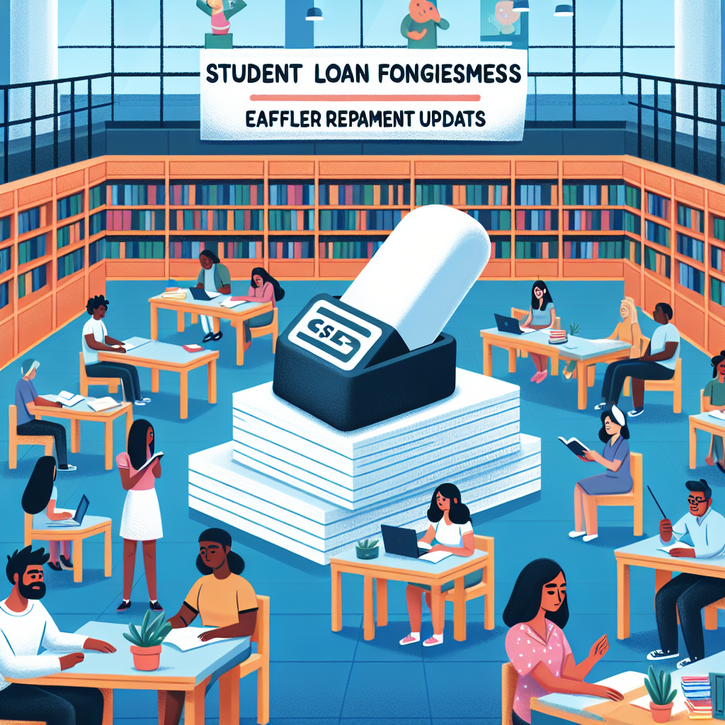 Visualize a scene of a university library where diverse students are studying and a symbol of debt cancellation, like a giant eraser, is hovering over a pile of student loan papers. The atmosphere is peaceful and hopeful. There's a banner in the background featuring the words 'Student Loan Forgiveness: Effortless Repayment Updates'. Make sure to include students from different descents like Black, Hispanic, Middle-Eastern, and South Asian, showcasing both genders.