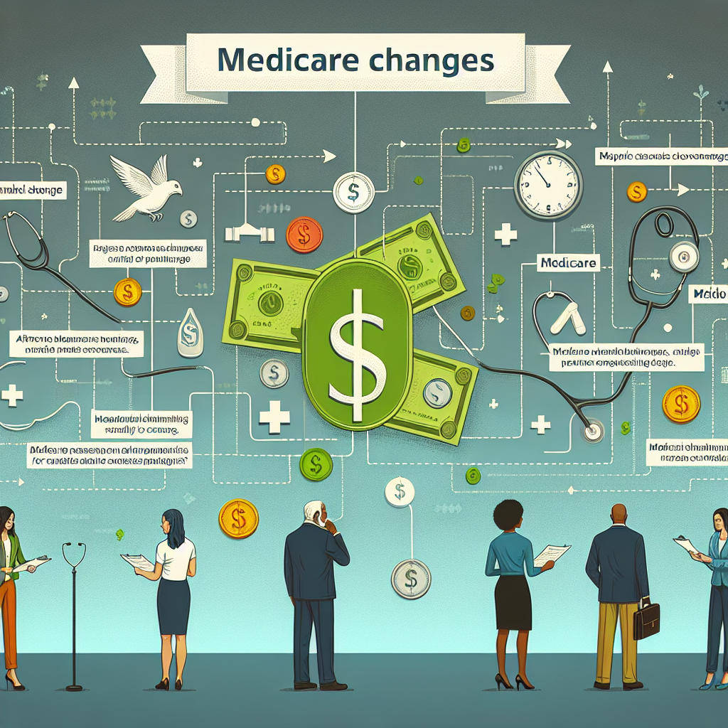 Thoughtfully illustrate an infographic depicting key changes in Medicare for affordable healthcare coverage. The infographic includes symbols of dollar bills and medical symbols such as a stethoscope and a medical cross, subtly connected by dotted lines. A large banner at the top announces 'Medicare Changes'. The bottom of the image has short sections of text outlining the most significant changes. A diverse group of people; a middle eastern man, a Caucasian woman, a black woman, and a South Asian man are examining the infographic, symbolizing the wide range of individuals impacted by these changes.