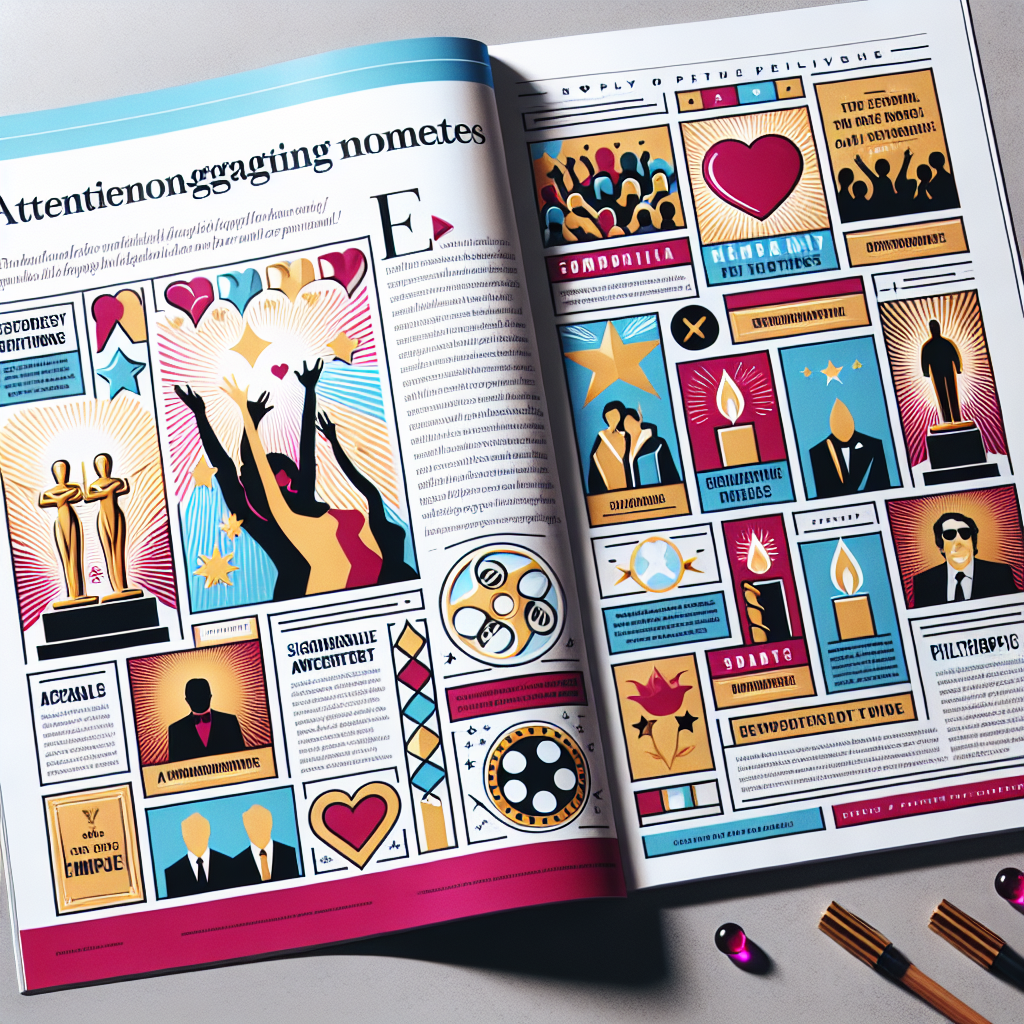 A visually appealing magazine layout with attention-grabbing headlines related to well-known public figures. On one side of the page, highlight joyful moments like significant awards, exciting roles, and philanthropic endeavors using representative symbols like statuettes, film reels, or heart symbols. On the other side, express the solemn times of remembrance with a candle or a star dimming. The layout should exclude any specific references to real people. Picture this in vibrant colors to enhance the appeal.