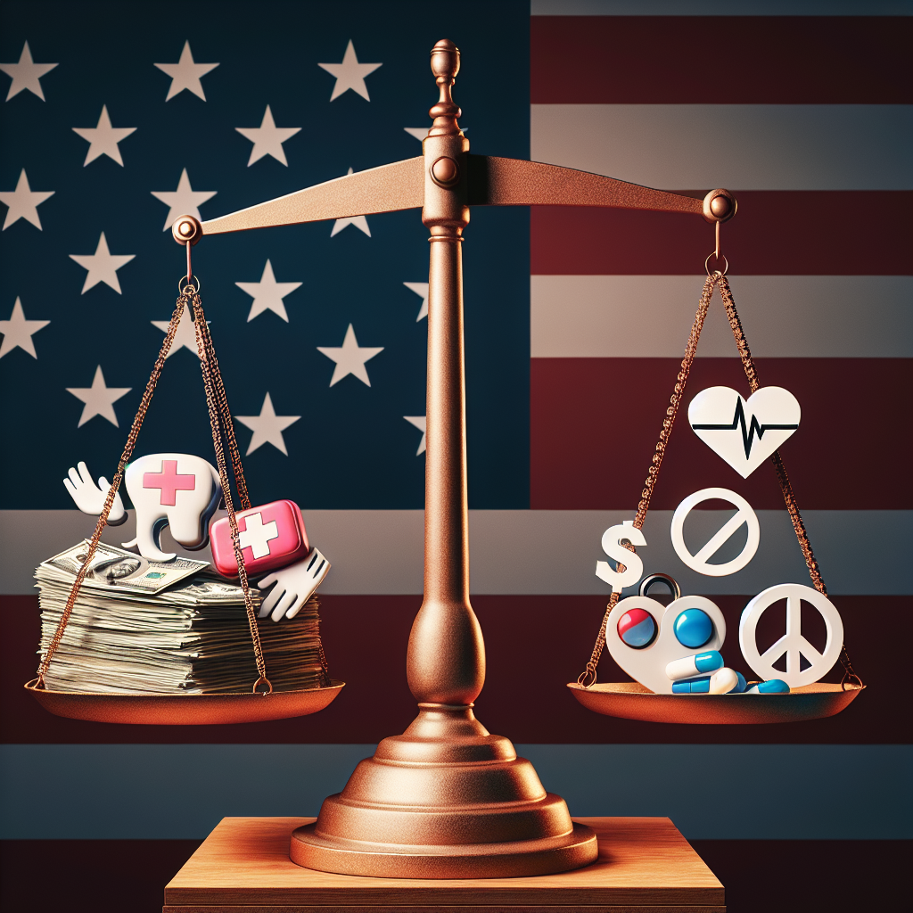 An illustrative visualization of a concept showing a balanced scale, representing the US Supreme Court. On one side of the scale, place a pile of student loan papers, signifying education debt. On the other side of the scale, put symbols representing controversial issues such as a medical symbol for healthcare and a peace sign for non-violence, indicating the Supreme Court's rulings on abortion and gun laws. The scale is perfectly balanced, illustrating equality and justice. The backdrop has the American flag to indicate that these are issues in the US.