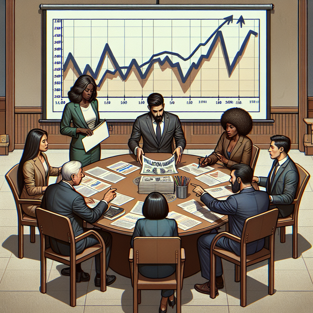 An image depicting a diverse group of individuals engaged in a discussion around a round table strewn with papers and graphs: a Black woman, an Asian man, a Middle-Eastern woman, and a Hispanic man. They are intently examining a large line graph being projected onto a screen, symbolizing changes in the Federal Reserve interest rate. Their gestures suggest they're strategizing ways to manage inflation. On the table lays a sign reading 'Inflation Management Strategy'. The backdrop is a traditional conference room setting.