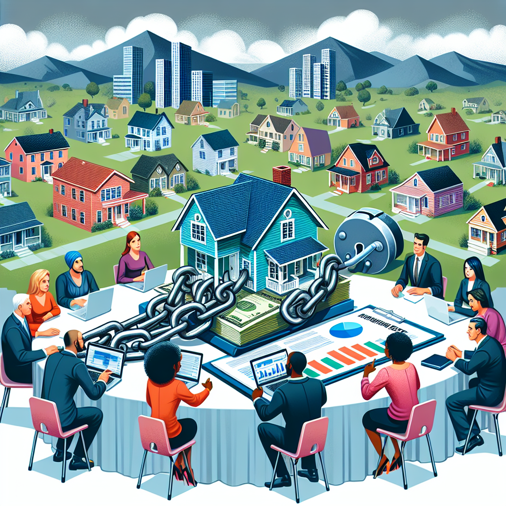 An illustration that reflects the crisis of surging mortgage rates in the United States. Depict the landscape of a US neighborhood with various styles of homes - from single-family houses to high-rise apartments. Show a few heavy chains and locks symbolizing the financial burden, attached to these homes and dragging them down, visibly straining under their weight. Also, include a group of diverse individuals - Caucasian, Black, Hispanic, Asian, and Middle-Eastern, of different genders, discussing around a table piled with documents, a calculator, and a laptop showing graphs of rising mortgage rates. They seem anxious but determined, discussing strategies and trying to find solutions.
