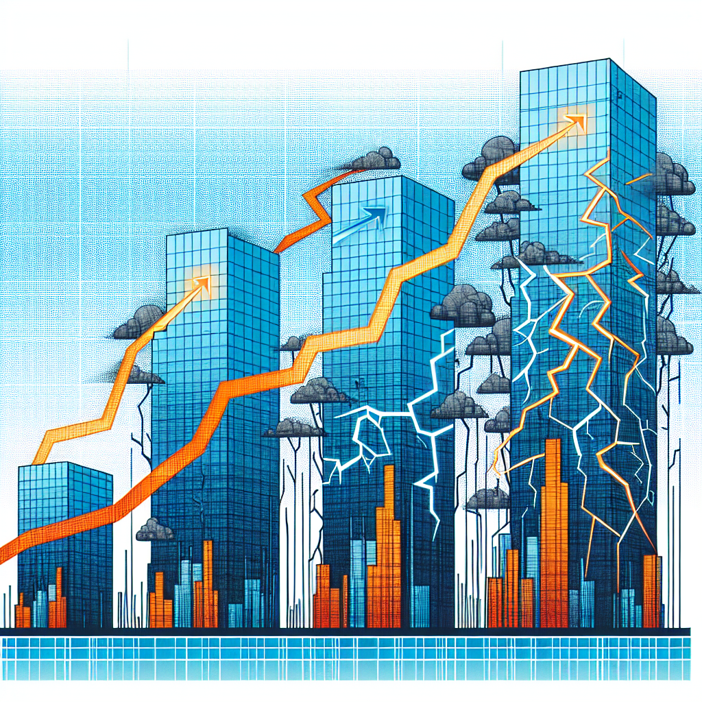 An abstract illustration representing an increasing line graph, symbolizing the rise of layoffs in tech companies. Include three distinct towers on the graph, each one bigger than the previous, depicting the escalating layoffs at different tech companies. The first tower should be blue representing company 1, the second should be orange for company 2, and the third should be light blue for company 3. Each tower appears distressing or negative, perhaps through the use of visual elements like thunderstorms or cracked foundations, to portray the shocking nature of the trend.