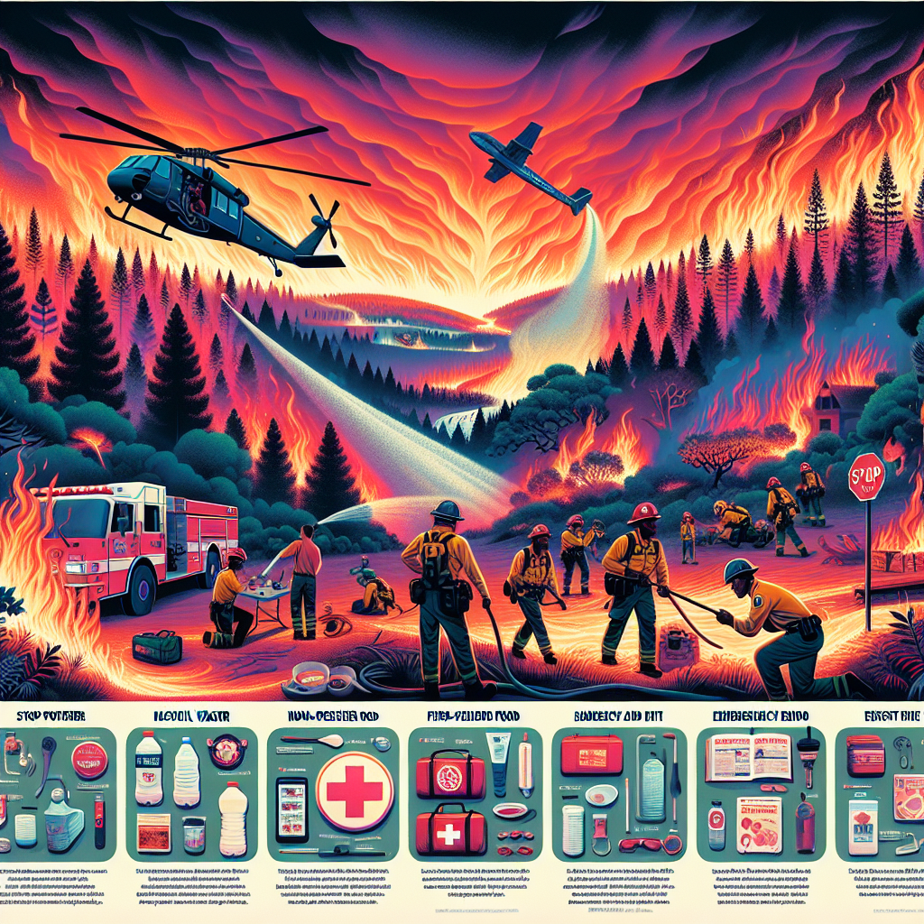 A vivid depiction of a severe heatwave impacting a forest area. The sky is in hues of orange and red, indicating extreme temperatures. Amidst the backdrop, a team of firefighters, racially diverse and mixed-gender, are diligently working to control the wildfire. They use different firefighting equipment to douse the raging flames. On one side, a helicopter is spreading water over the area. On another side, an individual is demonstrating the correct method to stop, drop, and roll if caught in a fire. An infographic on the side highlights the essentials to pack for a wildfire evacuation, including water, non-perishable food, first aid kit, an emergency radio, etc.
