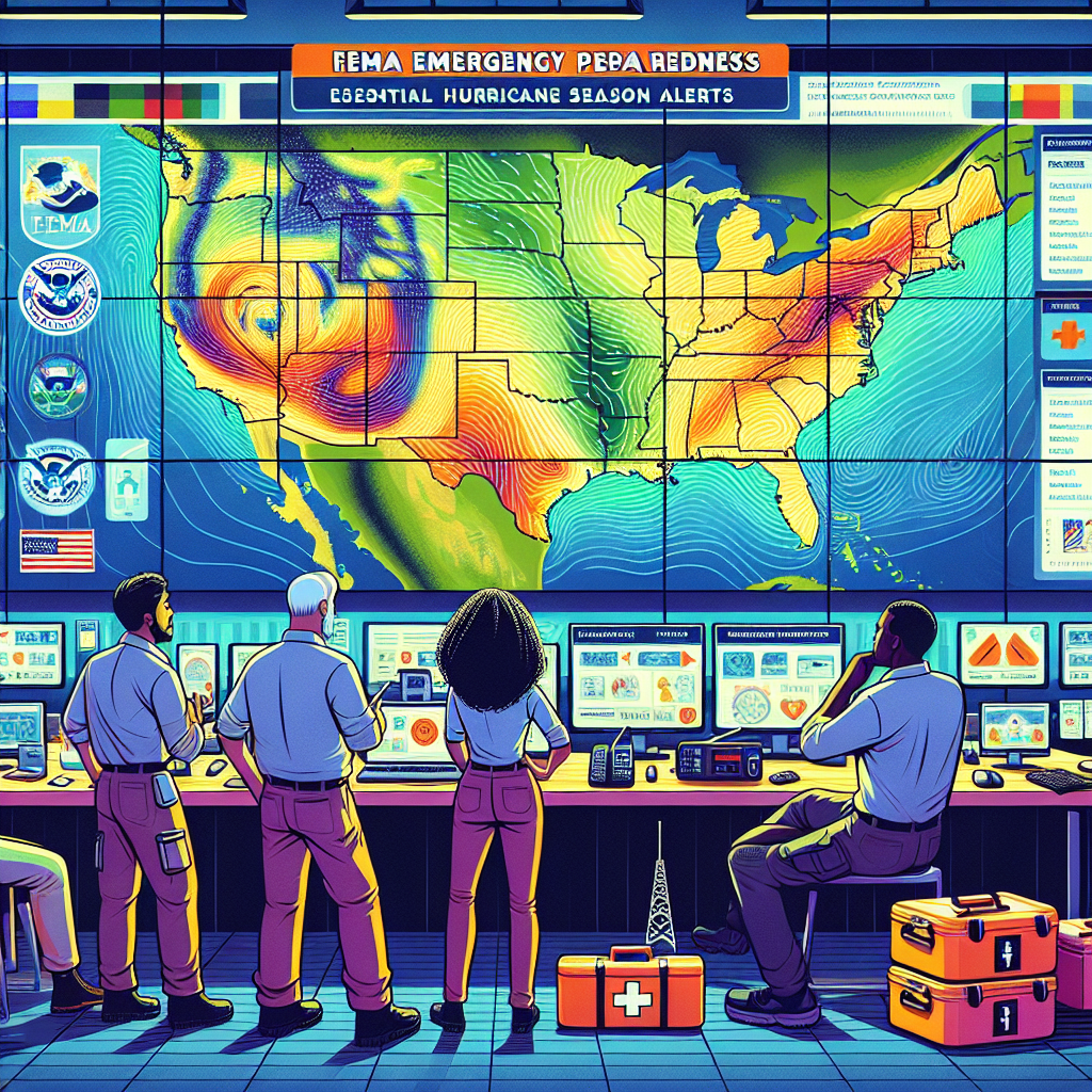 Create a detailed image depicting an emergency preparedness scene. Show a diverse group of four individuals, one Middle-Eastern male, one Hispanic female, one South Asian male, and one Black female, all attentively observing a vibrant weather map on a large multi-panel screen. The weather map displays patterns indicating a hurricane. Surrounding them are various emergency tools such as radios, satellite phones, and first-aid kits. On the wall behind them, a banner reads 'FEMA Emergency Preparedness: Essential Hurricane Season Alerts'. The overall atmosphere should be one of focused urgency.