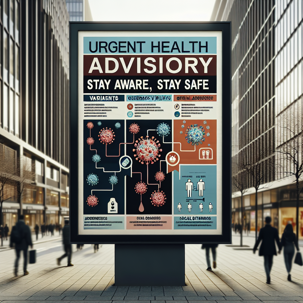 A descriptive scene of a public health advisory on a city billboard. It features an infographic showing different variants of a generic virus with each variant represented by a different color and labeled distinctly. The catchphrase, 'Urgent Health Advisory: Stay Aware, Stay Safe' is prominent on the billboard. The general atmosphere of the city indicates an urgent yet composed response towards the situation, with people wearing face masks, and practicing social distancing while walking on the street.
