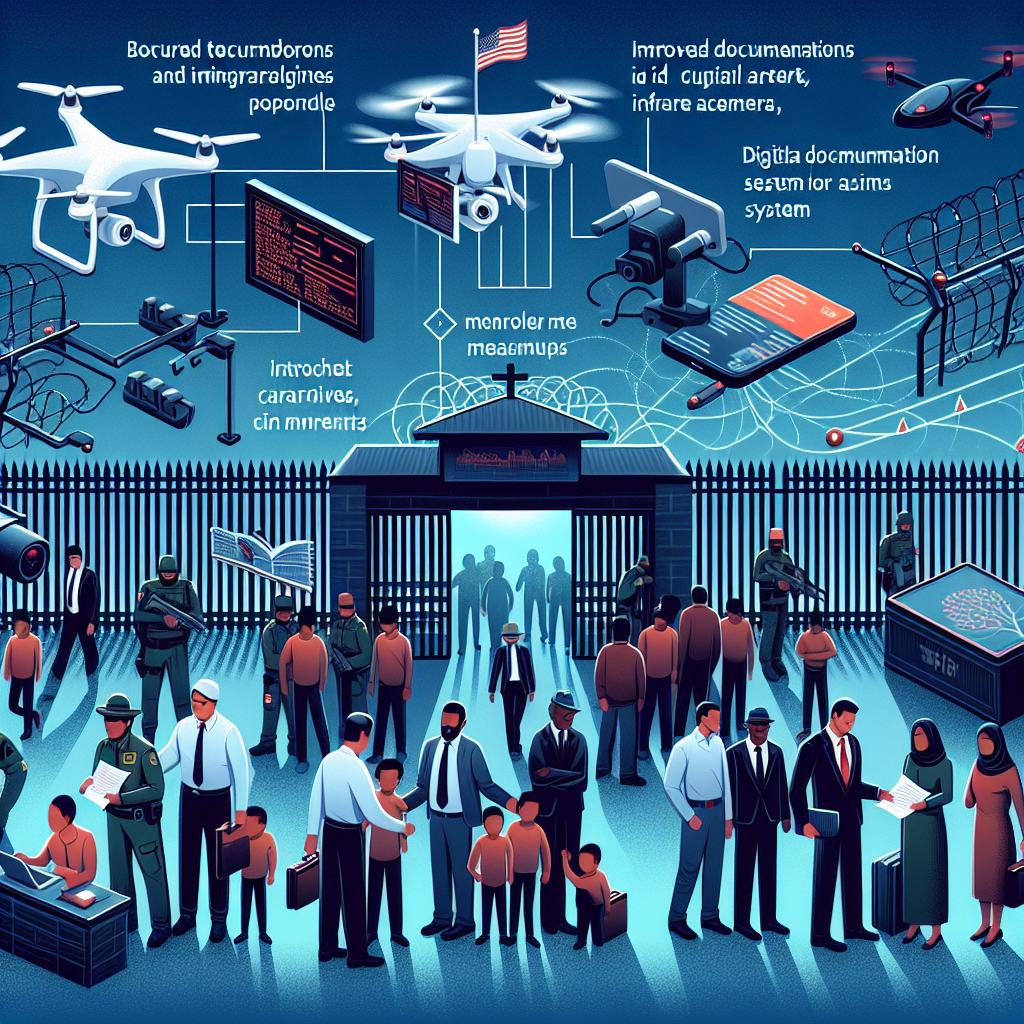 Create a detailed visual representation of the changes in the US immigration policy. Depict a secure border situation with modern surveillance technologies like drones and infrared cameras. Illustrate border officials checking the documents of immigrants, showing the strictness of paperwork. Please ensure a wide array of ethnic backgrounds like Caucasian, Hispanic, Black, Middle-Eastern, South Asian for the immigrants to show diversity. Also, integrate elements depicting improved measures such as biometric ID systems, digital documentation platforms, and complex fence systems in the image. Remember to abstain from including real-life figures or references to politicians.