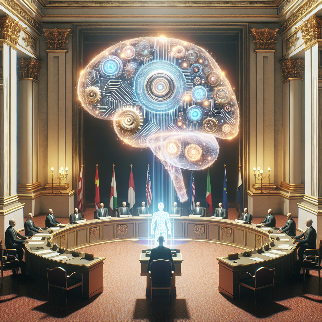 An image showcasing the concept of artificial intelligence regulation. A large, ethereal brain made of glowing circuits and gears floating above a grand table filled with documents, signifying AI. The table is within an ornate room with a classical architecture indicating governance and policy-making. Near the table stands a figure of an unidentified authority, indicating decision-making. Suggestions of flags from various countries are included to indicate a global approach. Please avoid specific symbols related to any real-life governmental building or office.