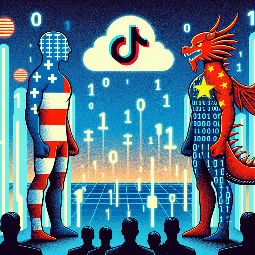 An illustration of two abstract symbolic figures representing technology companies from the United States and China standing tall—one resembling a tech robot and another a tech dragon font of binary code, facing each other on a digital battleground. This backdrop consists of 0's and 1's symbolizing the digital space. In the sky overhead, a cloud showing a banned app symbol over a TikTok logo floats, hinting at an ongoing debate. The overall atmosphere of the image is tense, demonstrating escalating tension.