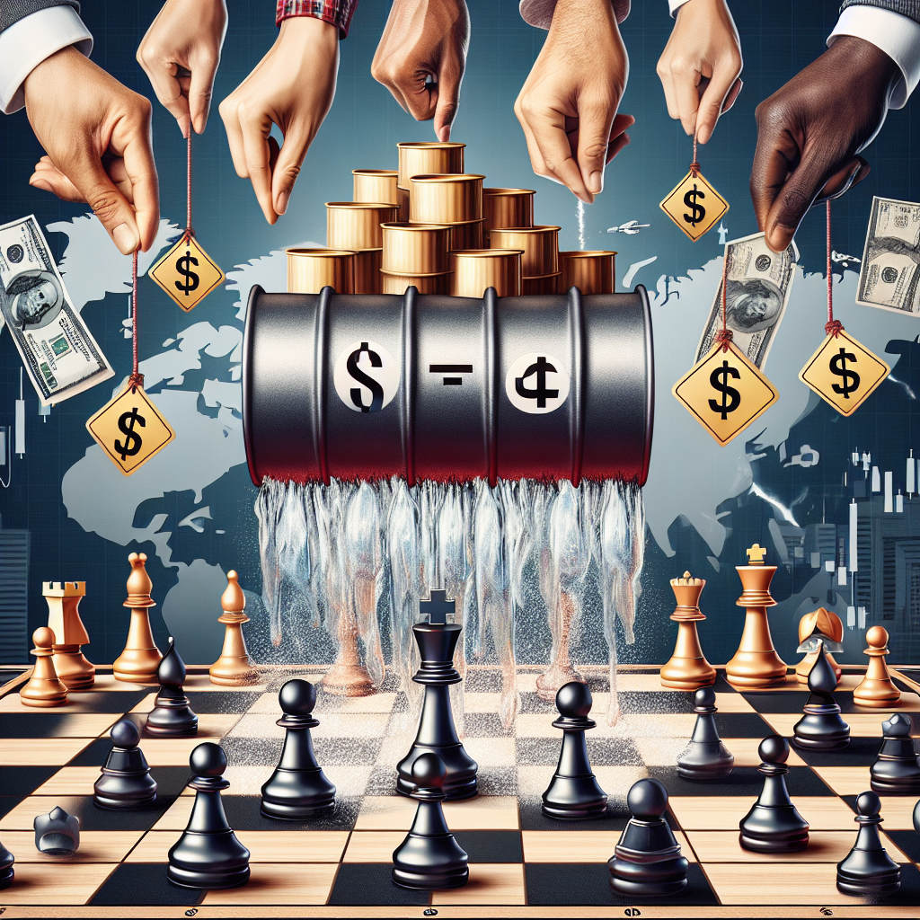 An image depicting gas prices in freefall, symbolized by a cascading waterfall of oil barrels showing decreasing numbers. Behind it, you can see different strategic moves represented as chess pieces on a board; the king could symbolize energy policy changes. The pieces are being moved by diverse hands: the hand of an East Asian woman, the hand of a Middle-Eastern man, the hand of a Caucasian woman, and the hand of a Black man, illustrating various perspectives and roles in energy policy adjustments.