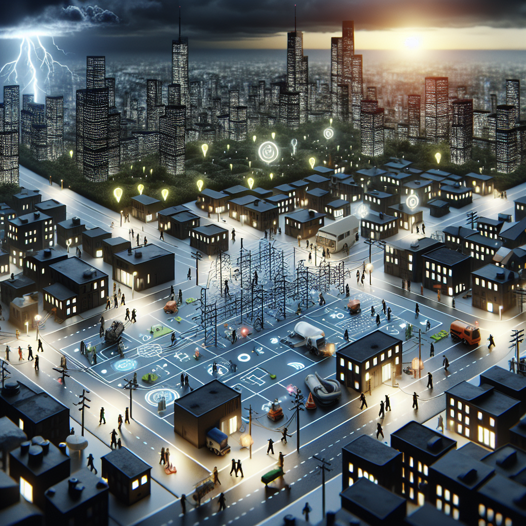 Visualize a detailed depiction of a city during the day where parts of the landscape are experiencing a power outage, indicated by darkness and non-functioning streetlights. Adjacent to this, show an area with a functioning power grid, symbolized by bright lights and active appliances. In the middle, include people of varying descents and genders working on a large, schematic-style 3D power grid model, indicating their role in preventing nationwide blackouts. They are deploying different strategies such as installing back-up generators, upgrading transformers, and implementing smart grid technology. Use a slightly ominous sky to represent the 'risks' aspect.