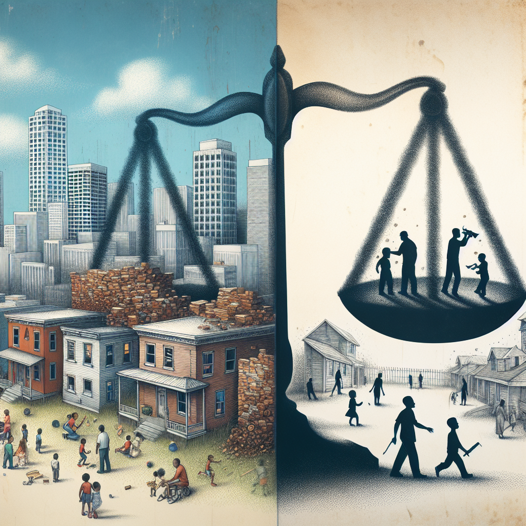 Depict a poignant image of a city landscape disrupted by gunfire. Show it in one half and on the other half, illustrate a peaceful cityscape with children playing and people going about their day. In the middle, include a large, faded signature symbolizing 'Federal Control', with scales of justice delicately balanced on it. This represents the idea of the federal intervention having the potential to transform a city torn by gun violence into a peaceful community. Remember that no individuals should be shown using guns or participating in violence.