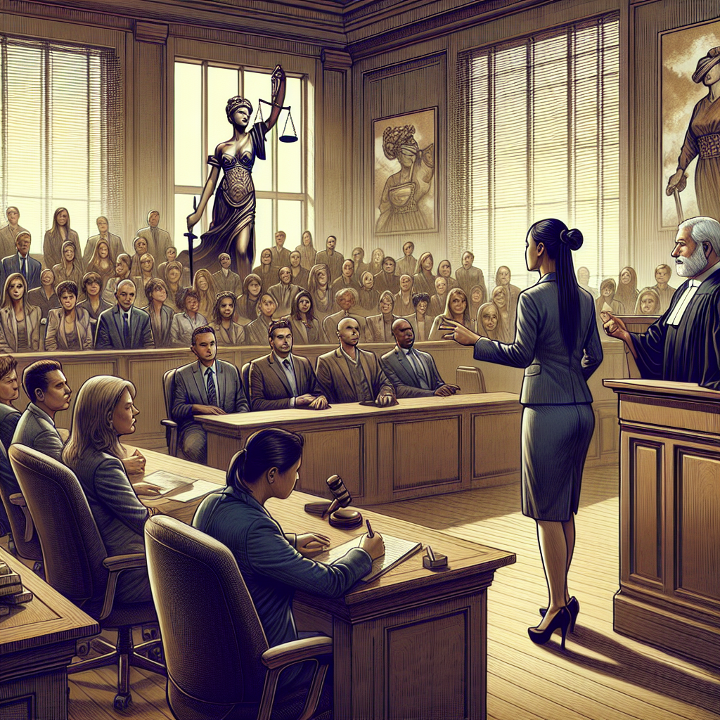 Visualize a scene in a courtroom filled with diverse individuals: A South Asian male judge commanding the room from his elevated position, granting strong emphasis on justice and fairness. In front of him, a Hispanic female attorney energetically defending her client's stance. The room is packed with an array of attentive spectators of various genders and descents, awaiting the verdict. An illustrative image at the corner depicts a lady justice, her blindfold representing impartiality. Emphasize elements of anticipation, sternness, and truth. Note: do not use any specifics of real-life cases or identifiable traits of individuals.