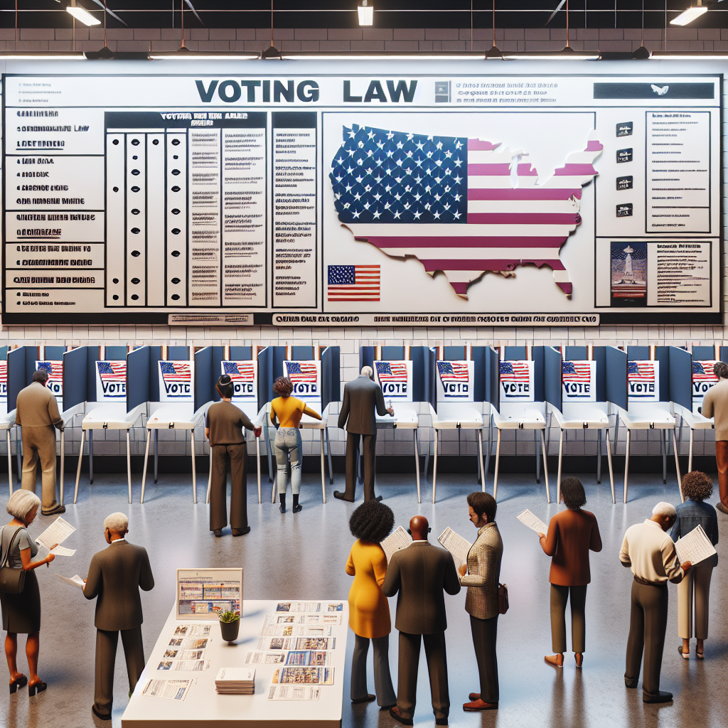 An image showcasing a modern polling place with people of varying descents such as Caucasian, Hispanic, Black, Middle-Eastern, and South-Asian casting their ballots in voting booths. The atmosphere is vibrant but organized, exemplifying a democratic exercise. In the foreground, a table with updated voting law pamphlets is situated, attended by a Black female and a South-Asian male official. On the wall behind, a bulletin board displays a large, up-to-date calendar marking key dates and resources for voters.