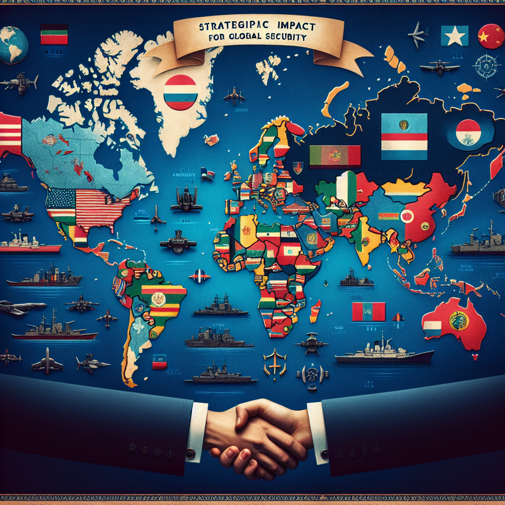 Illustrate a detailed global map on a background of deep navy, where specific countries are highlighted in different colors to demonstrate regions of strategic importance. Show miniature military-themed icons, like tanks and ships, near these regions, implying military aid. On the sides of the map, depict two hands shaking, symbolizing international cooperation. No specific country flags or emblems should be visible to maintain neutrality. Above the map, include a parchment-style banner with the words 'Strategic Impact for Global Security'. Do not depict any politicians, public figures, or other individuals in the scene.