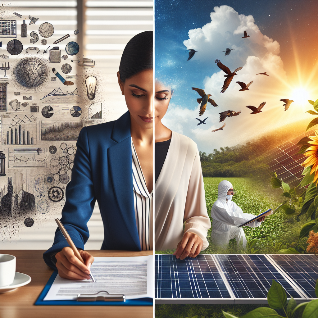 Imagine a composite image that symbolizes clean energy investment and climate action. On one side, there is a woman of South Asian descent, dressed in business attire, carefully analyzing a document marked as 'Clean Energy Strategies'. On the other side, Display a visual metaphor of climate action – perhaps a Hispanic man dressed in a scientist's outfit, diligently working on a solar panel under a bright sun. In the background, elements that illustrate the positive impacts of these actions: clear skies, flourishing green fields, and birds in flight.